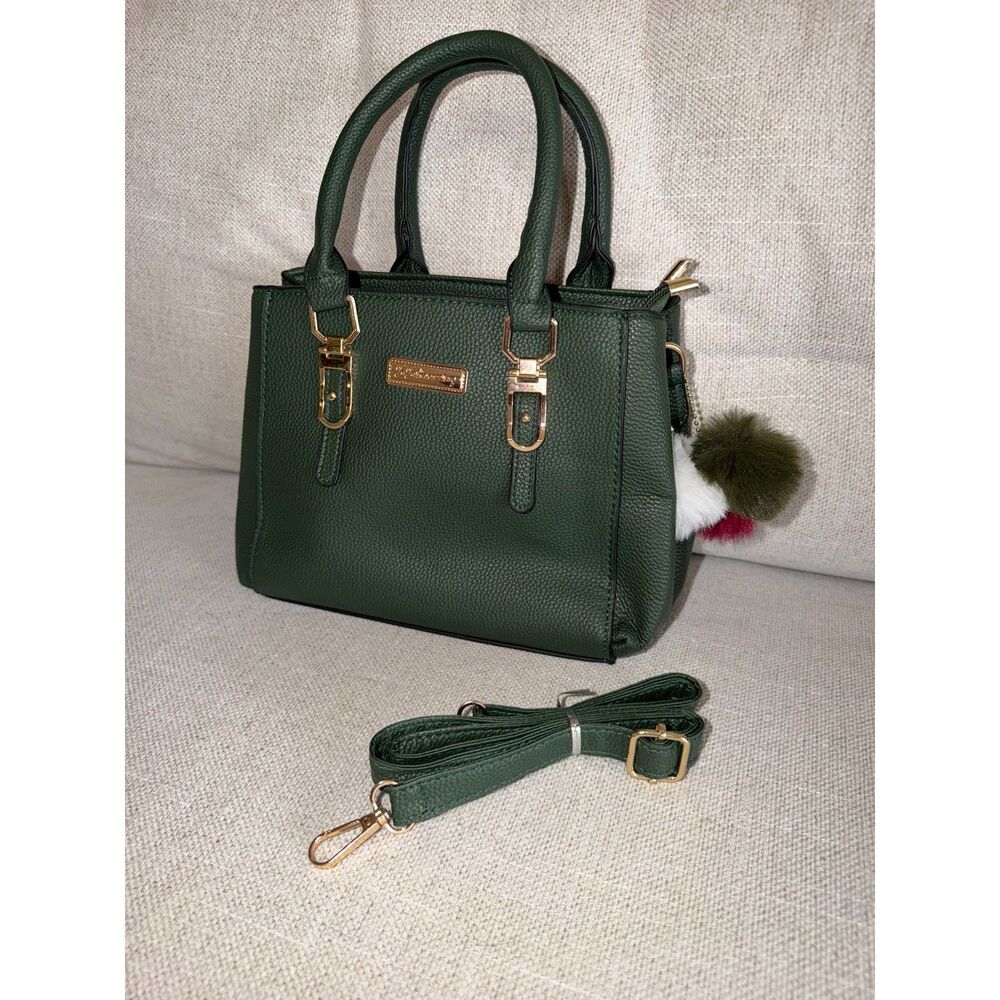 Dark Green Satchel Handbag with Adjustable Crossbody Strap & Pom Pom Charm